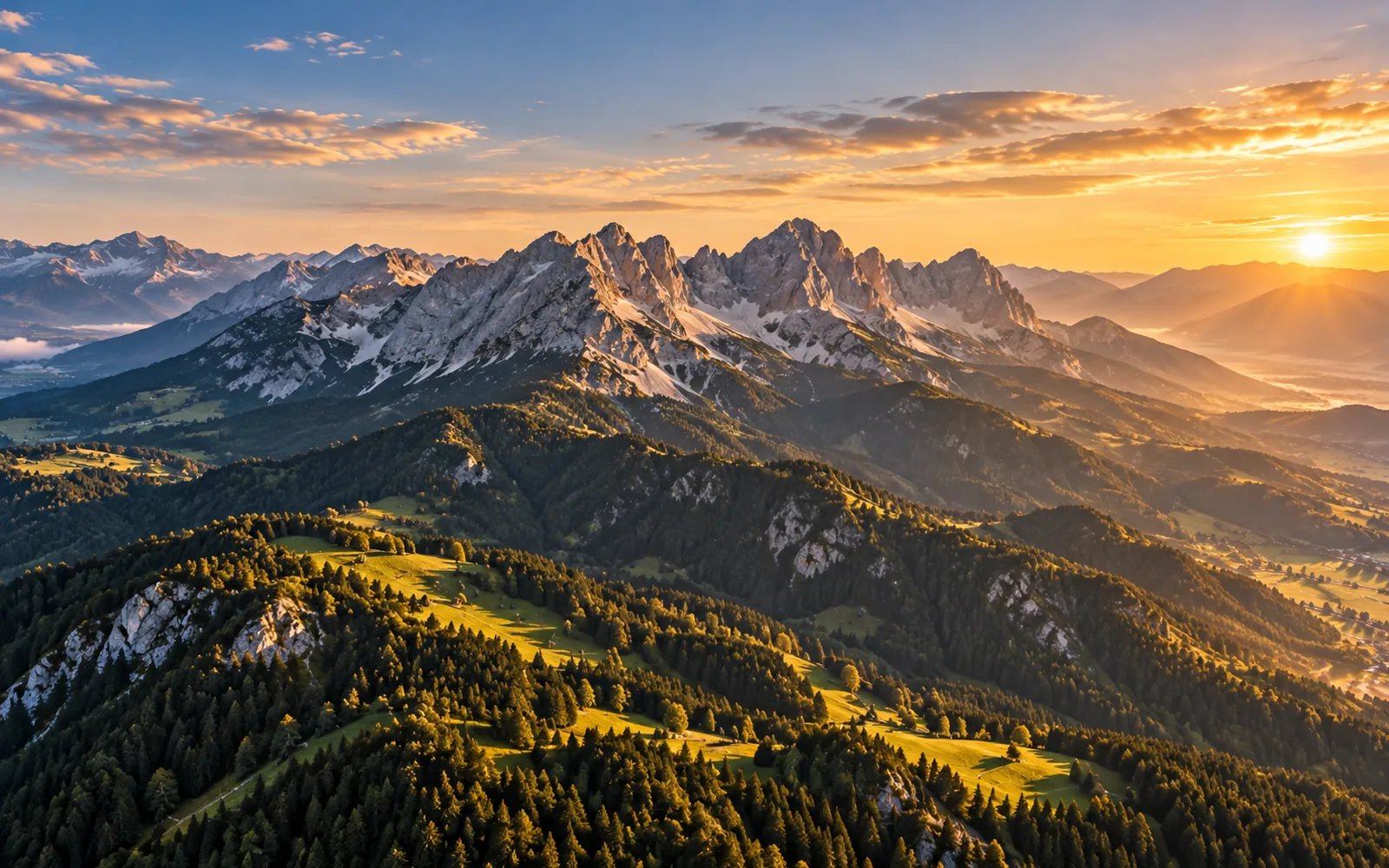 KI-generiertes Beispielmotiv: felsiges Alpengebirge aus der Vogelperspektive