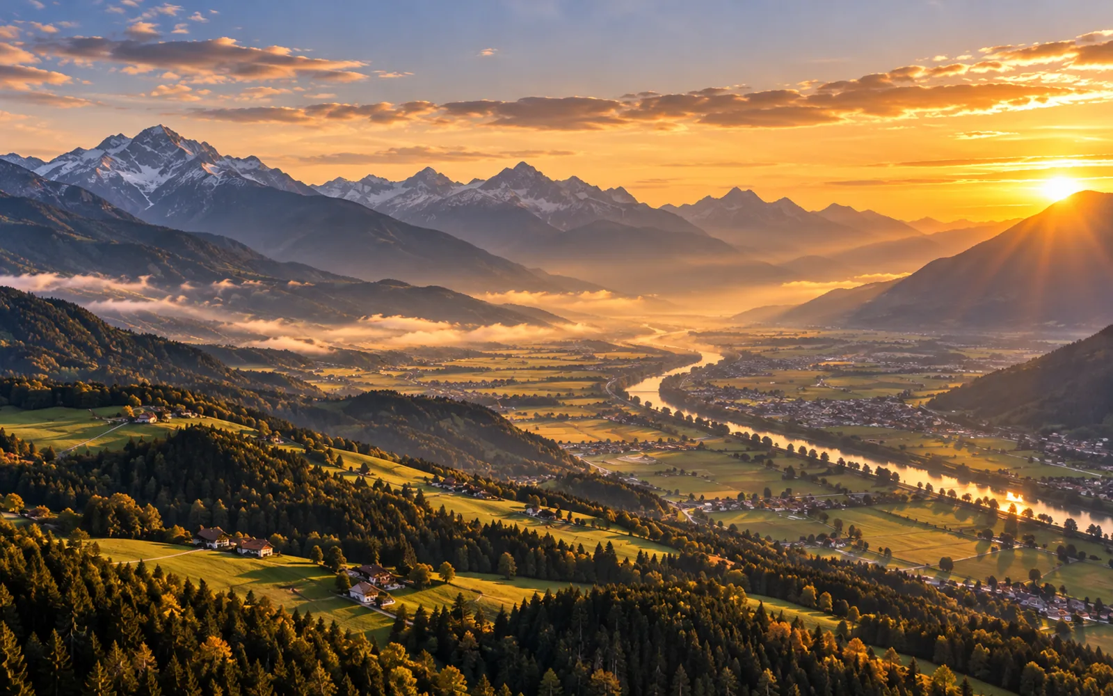 KI-generiertes Beispielmotiv: alpines Flusstal im Abendlicht