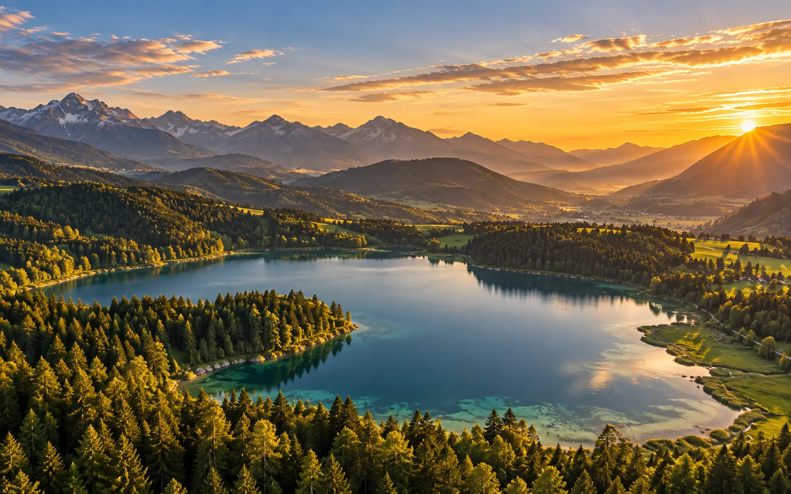 KI-generiertes Beispielmotiv: See mit Wald und Bergen aus der Luft