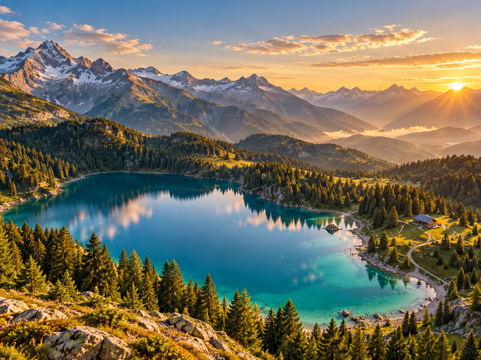 KI-generiertes Beispielmotiv: türkisblauer Bergsee in den Alpen